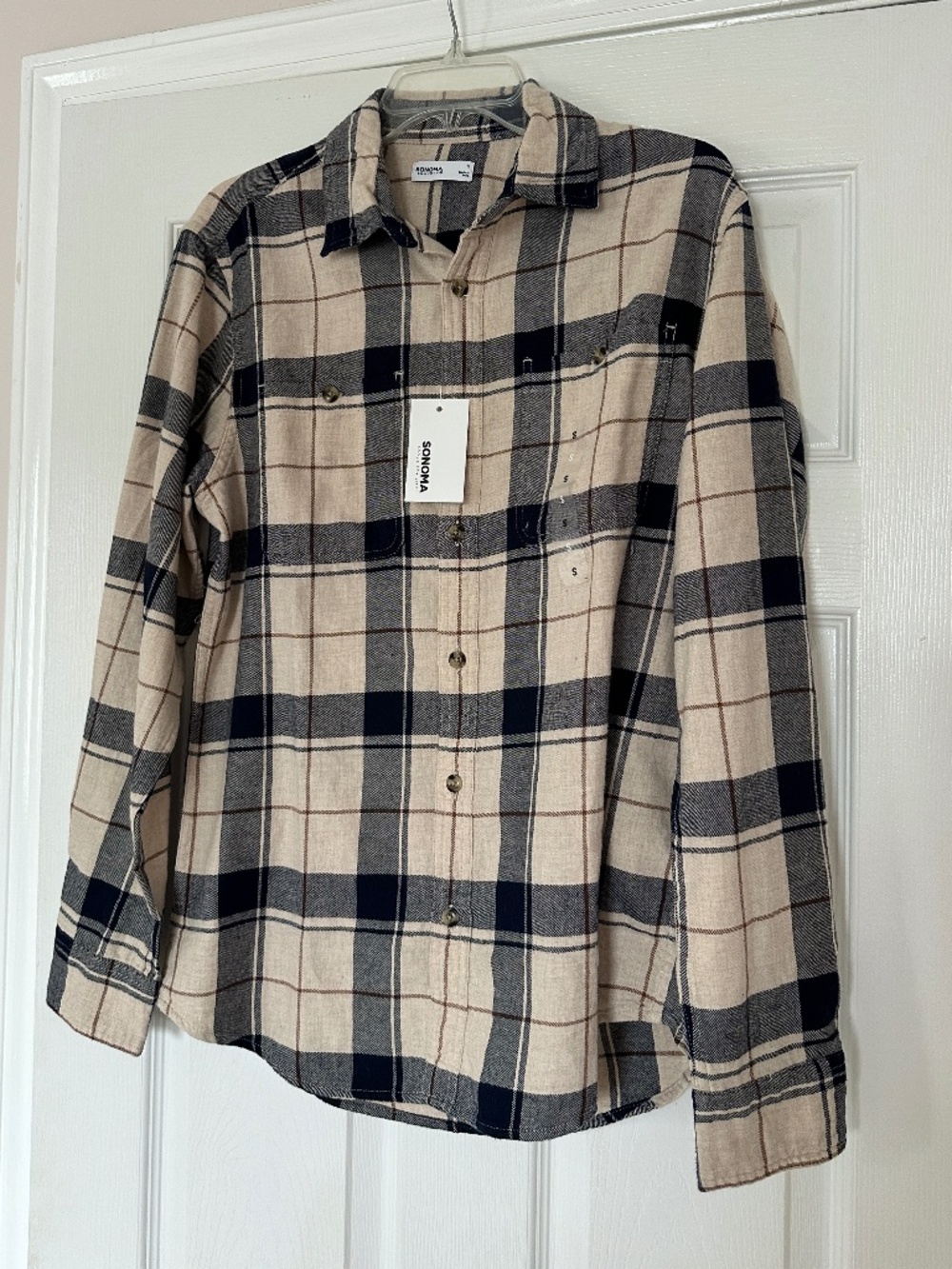 NWT Sonoma Men's Flannel Shirt Size Small Beige Navy Plaid Button Down